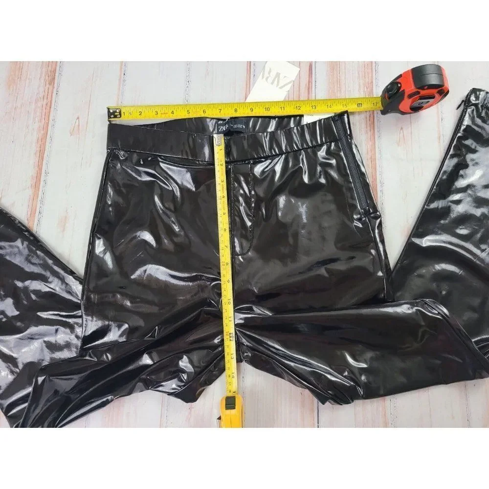 Zara Woman Faux Leather Shinny Vinyl Black Relaxed Fit Moto Biker Pants Size L - Picture 4 of 11